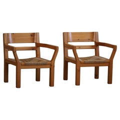Vintage Tage Poulsen, A Pair of Brutalist Chairs in Pine & Cord, Danish Modern, 1970s