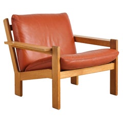 Tage Poulsen Brutalist Armchair, Solid Oak with Cognac Leather Cushions, 1970s