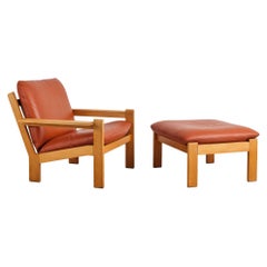 Tage Poulsen Oak Easy Chair with Matching Footstool, Cognac Leather, Denmark
