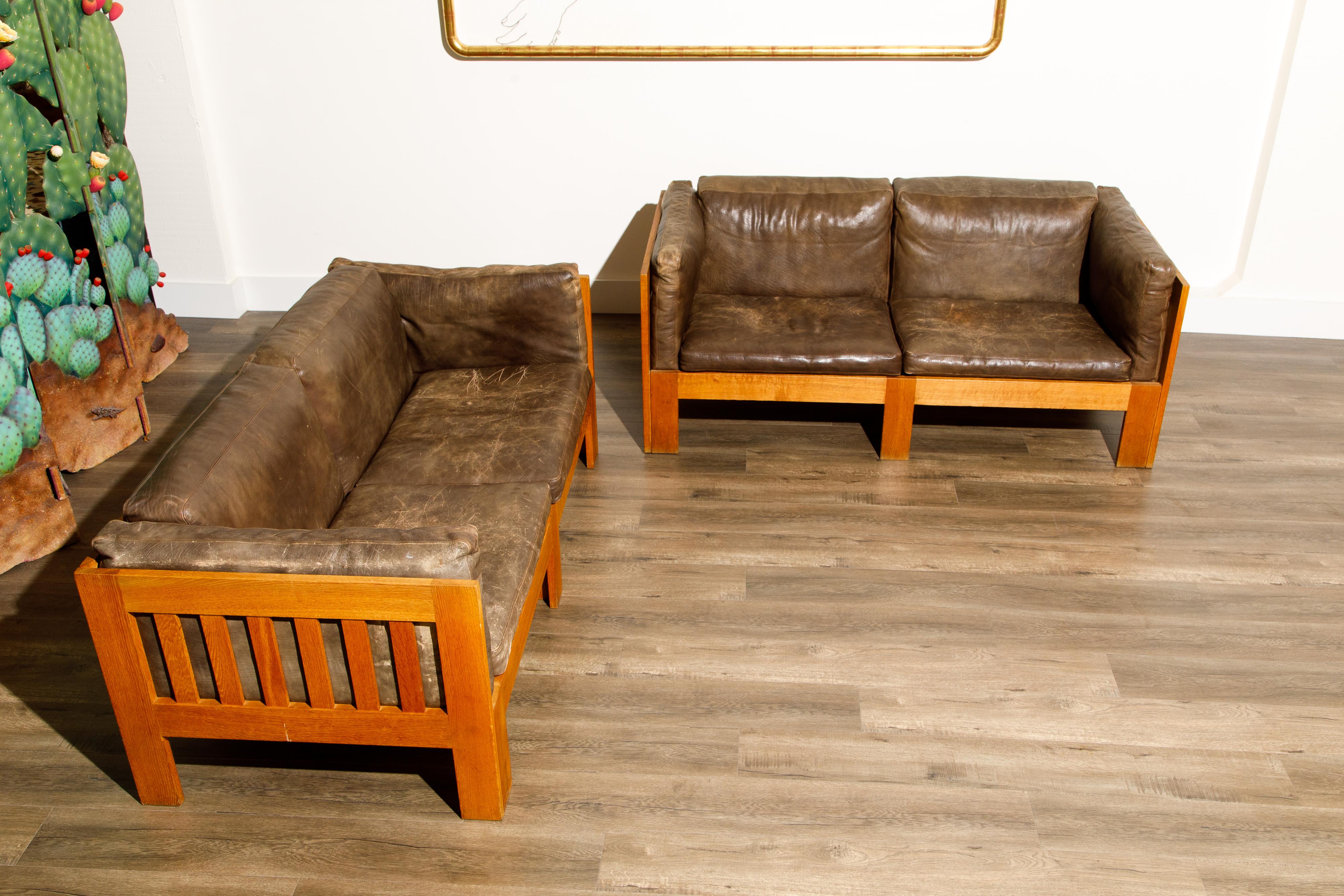 Scandinavian Modern Tage Poulsen Pair of Model TP632 Oak and Patinated Leather Sofas, circa 1962