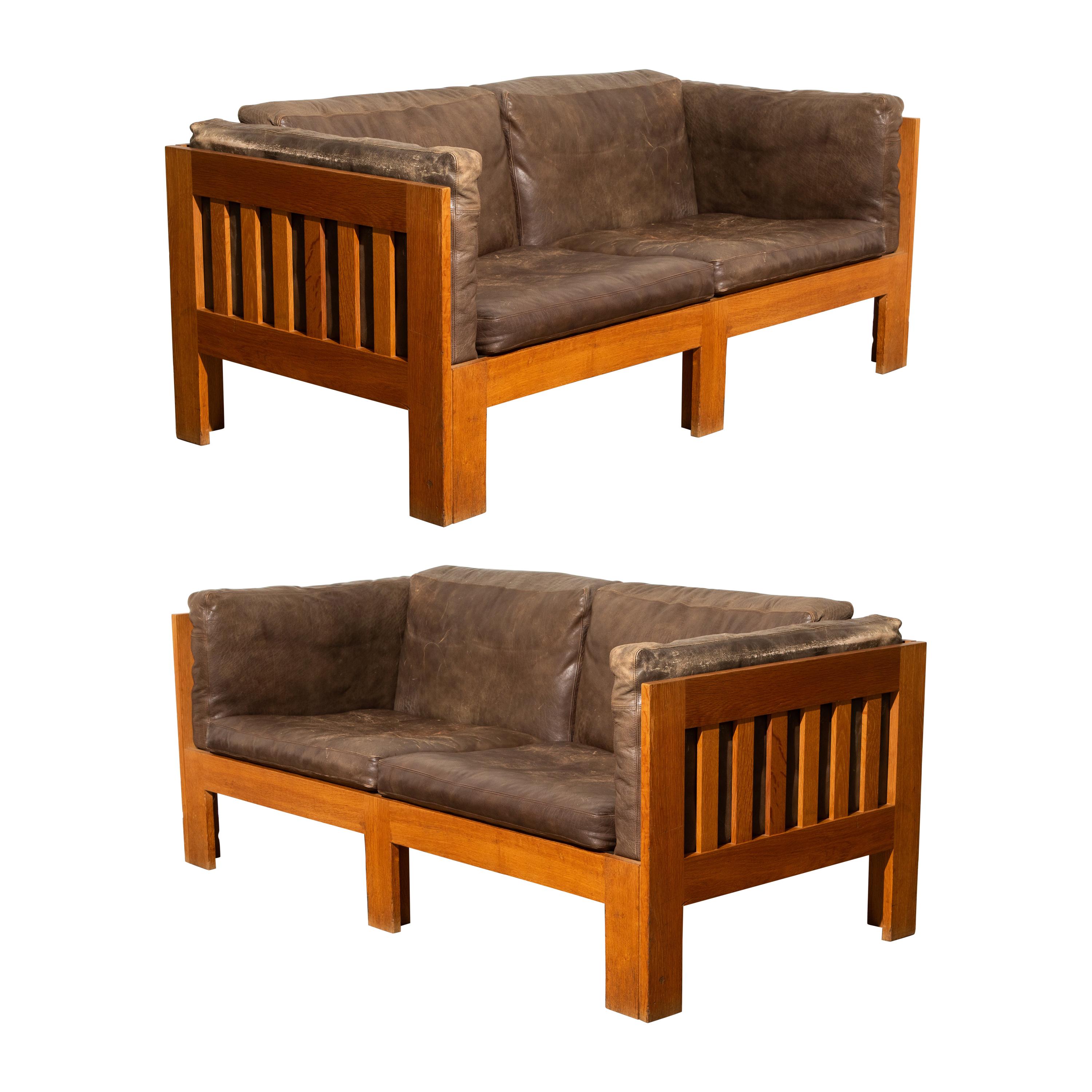 Tage Poulsen Pair of Model TP632 Oak and Patinated Leather Sofas, circa 1962