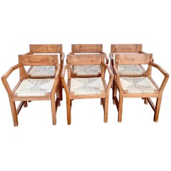 Tage Poulsen - Ensemble de 6 chaises de salle à manger danoises brutalistes en pin et cordon