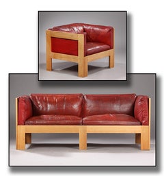 Tage Poulsen Sofa and Chair in Red Leather and Oak Frame