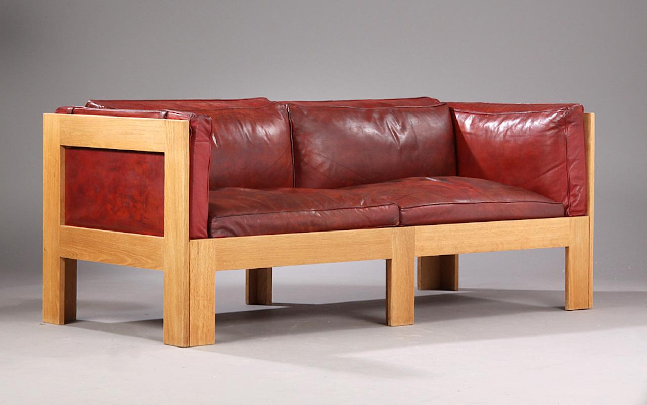 Scandinavian Modern Tage Poulsen Sofa and Chair in Red Leather and Oak Frame For Sale