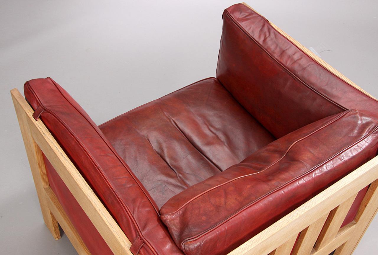 Tage Poulsen Sofa and Chair in Red Leather and Oak Frame For Sale 2