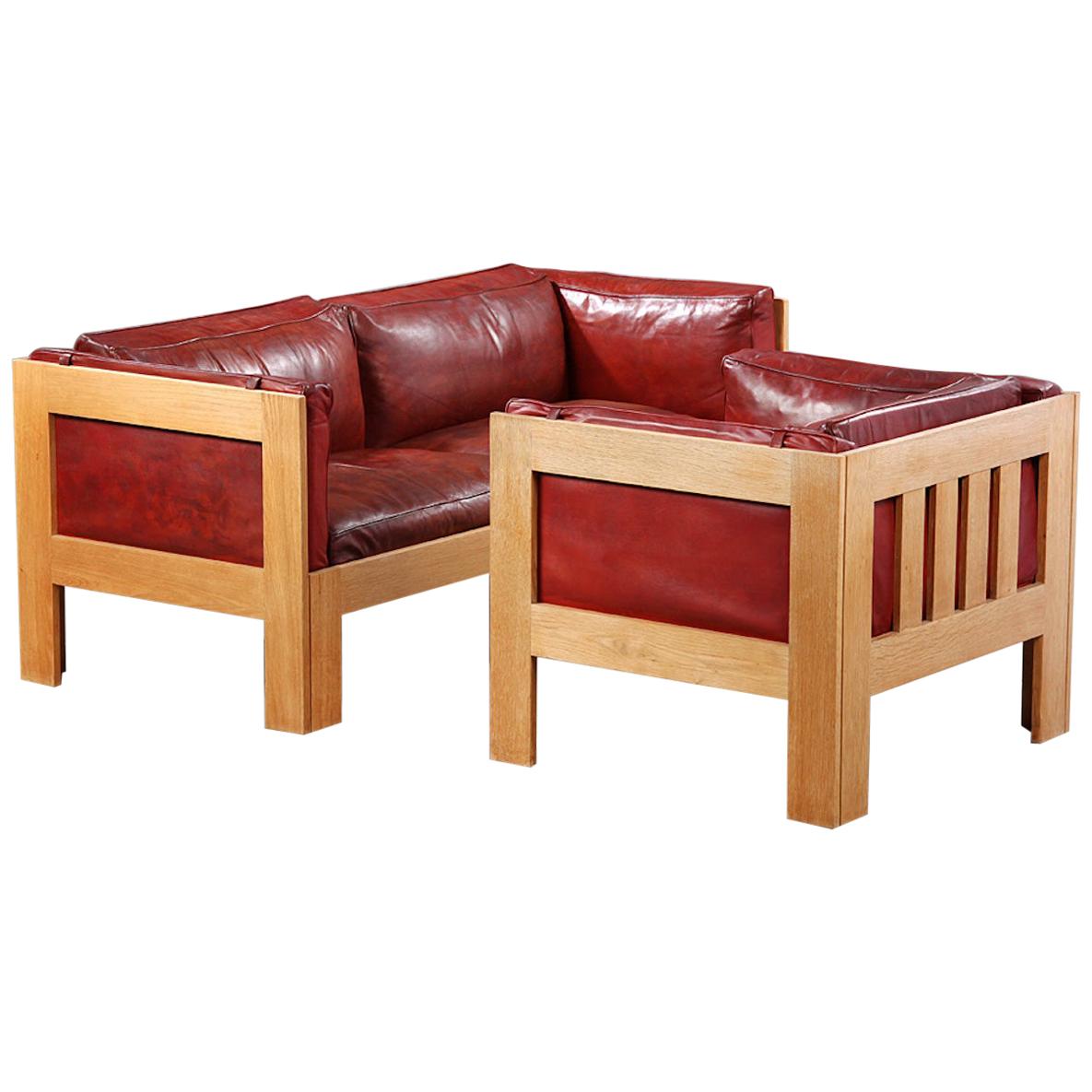 Tage Poulsen Sofa and Chair in Red Leather and Oak Frame For Sale