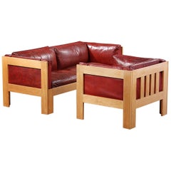 Vintage Tage Poulsen Sofa and Chair in Red Leather and Oak Frame