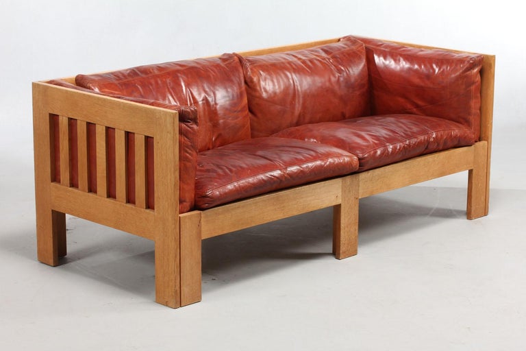 Tage Poulsen Sofa In Red Brown Patinated Leather And Oak Frame Model Tp632