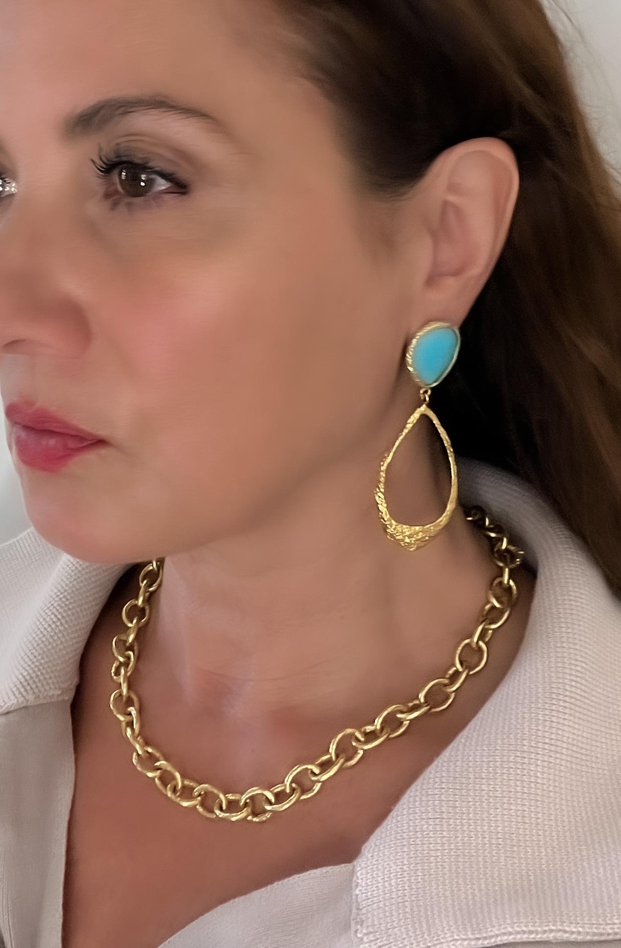 Signature Teardrop Earrings are the perfect combination of 22k gold organic texture and vibrant color of turquoise, effortlessly elevates your mood and style. Timeless, chic and spectacular.  Look out for other variations as well or customize your