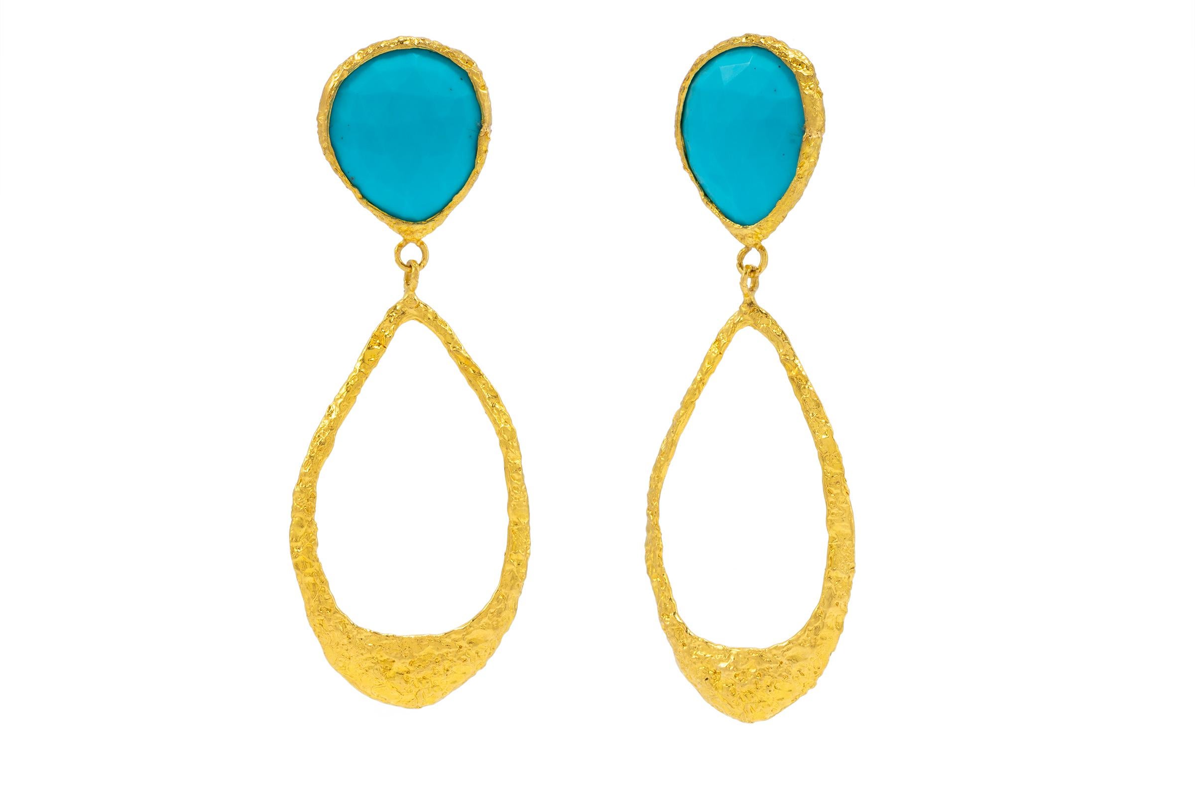 Artisan Tagili Signature Teardrop Earrings with Turquoise in 22k Gold For Sale