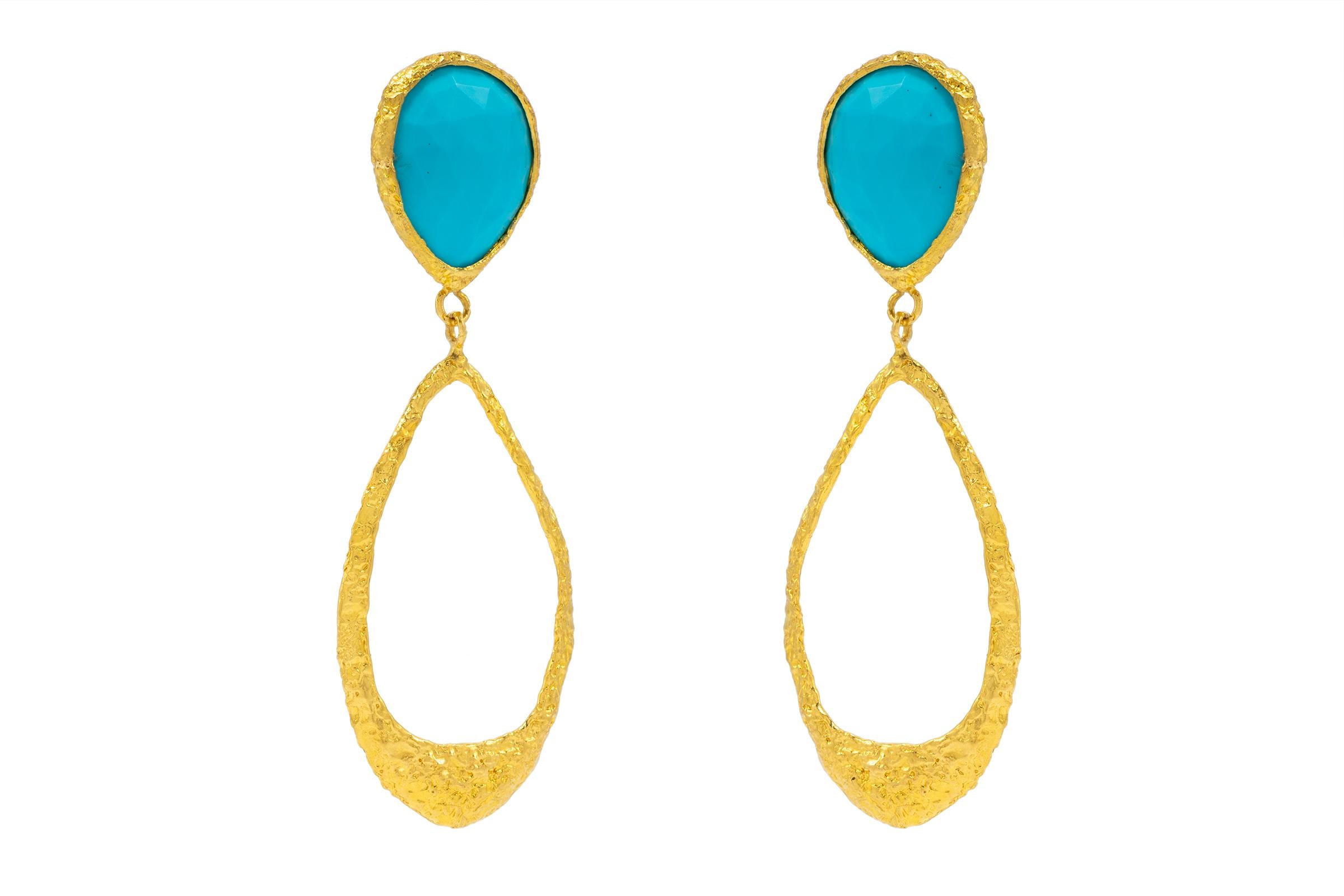Pear Cut Tagili Signature Teardrop Earrings with Turquoise in 22k Gold For Sale