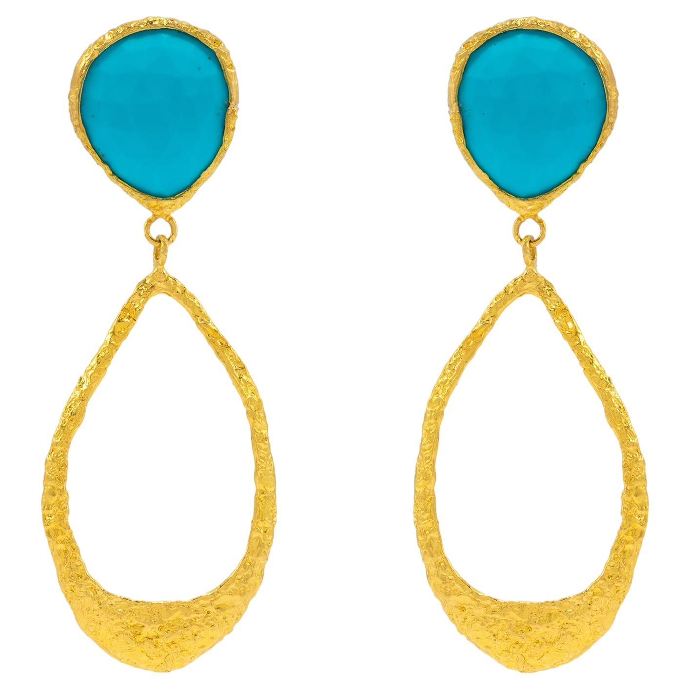Tagili Signature Teardrop Earrings with Turquoise in 22k Gold For Sale