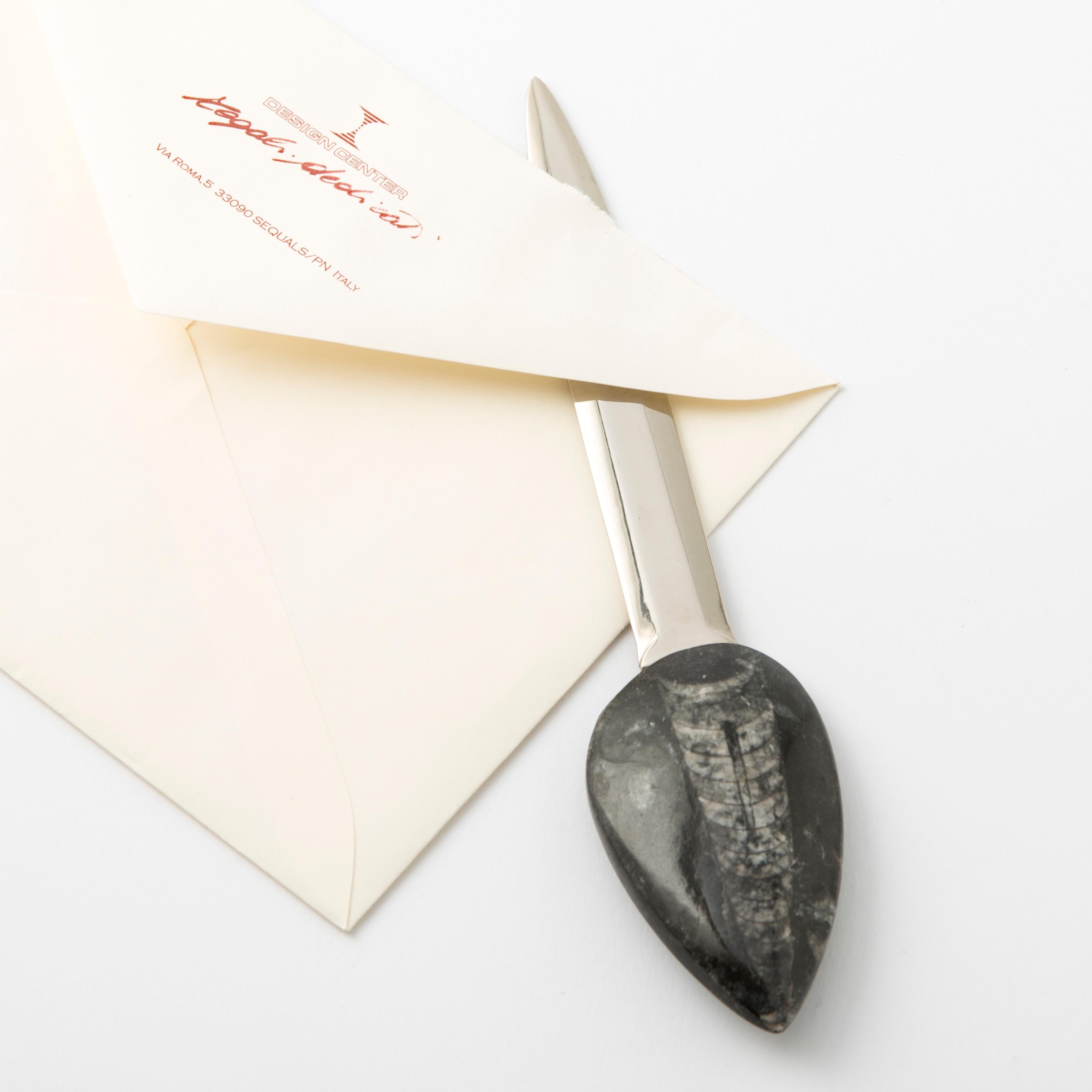 Brieföffner mit gebogener konischer Muschel auf felsigem Untergrund Fossiline Collection (Moderne) im Angebot