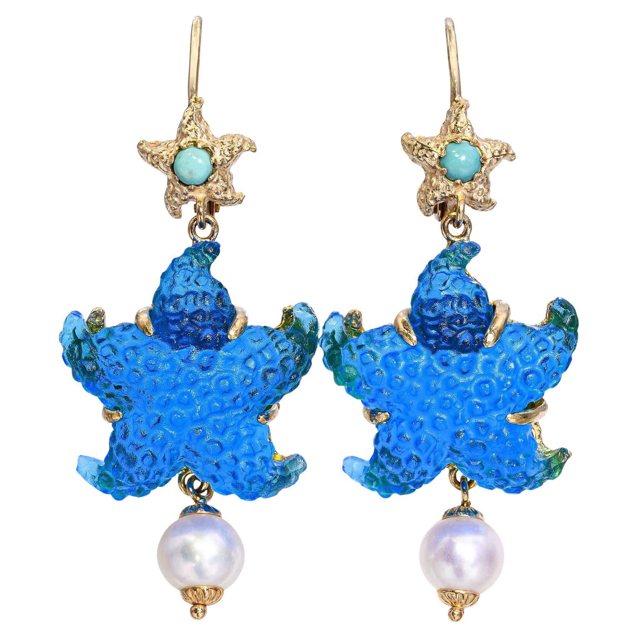 Tagliamonte 14k Yellow Gold Venetian Glass, Turquoise, & Pearl Starfish Earrings For Sale