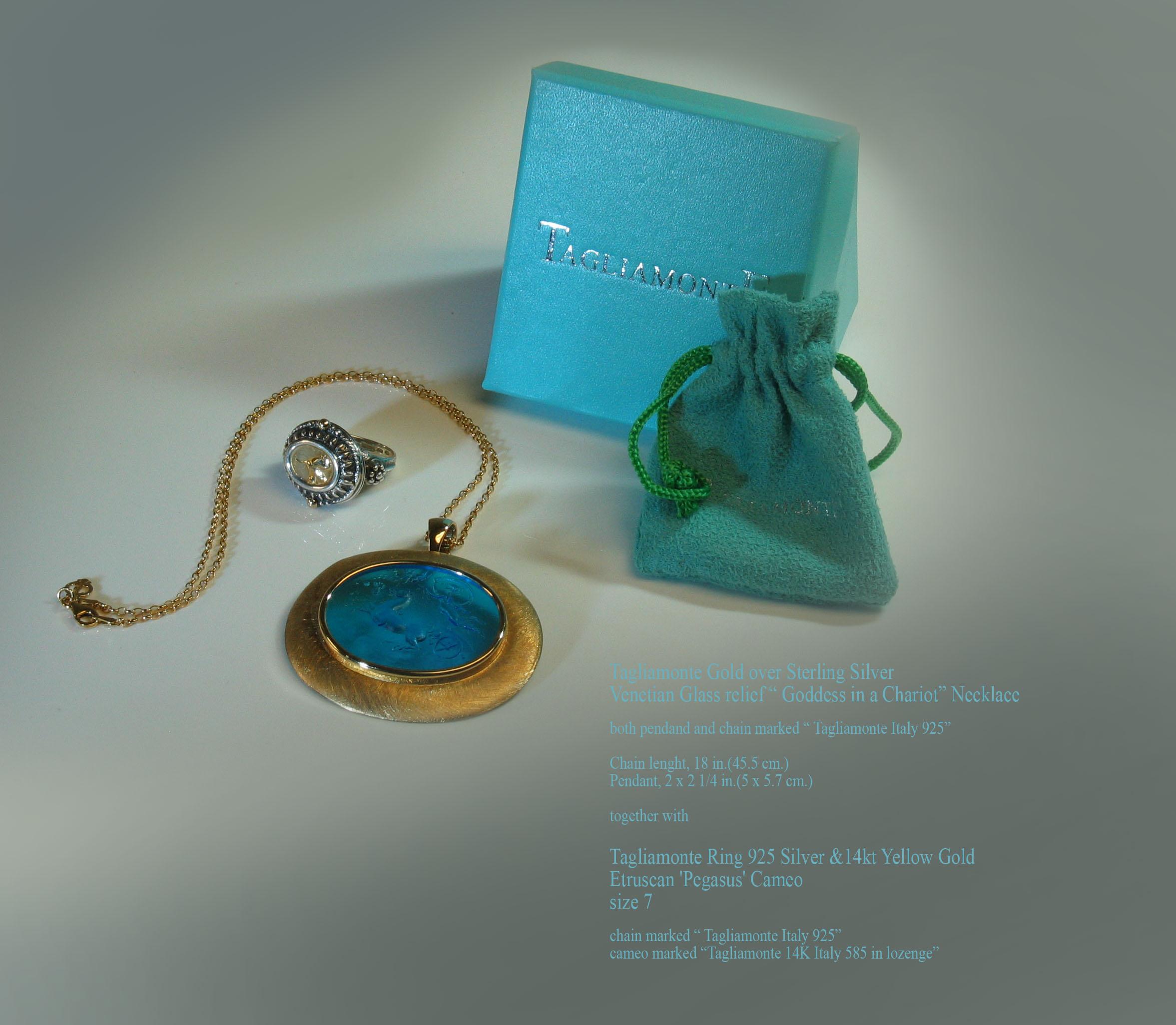 Tagliamonte gold over sterling silver
Venetian glass relief “ Goddess in a Chariot” necklace

Both the pendant and chain marked “ Tagliamonte Italy 925”

Chain lenght, 18 in.(45.5 cm.)
Pendant, 2 x 2 1/4 in.(5 x 5.7 cm.)

Together