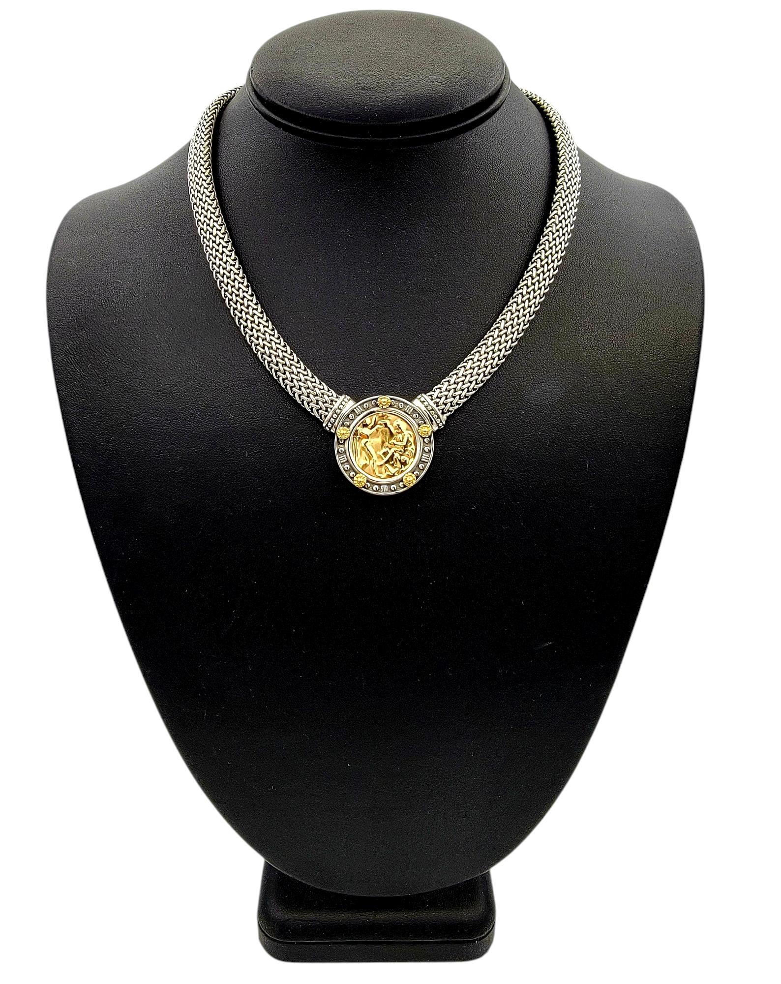 Tagliamonte Woven Choker Medallion Pendant Necklace in Silver and 14 Karat Gold For Sale 4