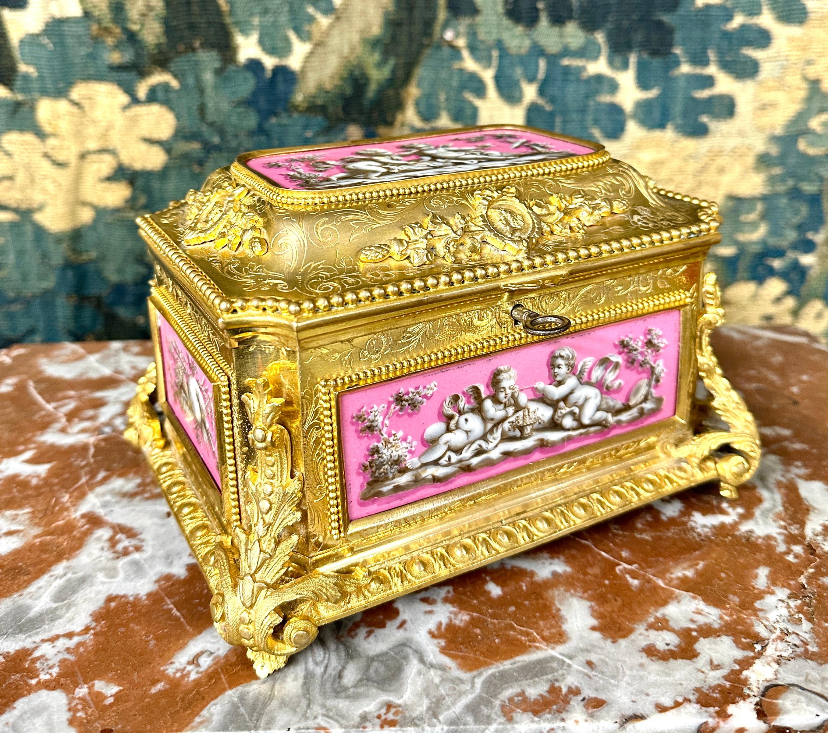 French Tahan, Jewelry Box in Gilt Bronze and Porcelain, Napoleon III Period