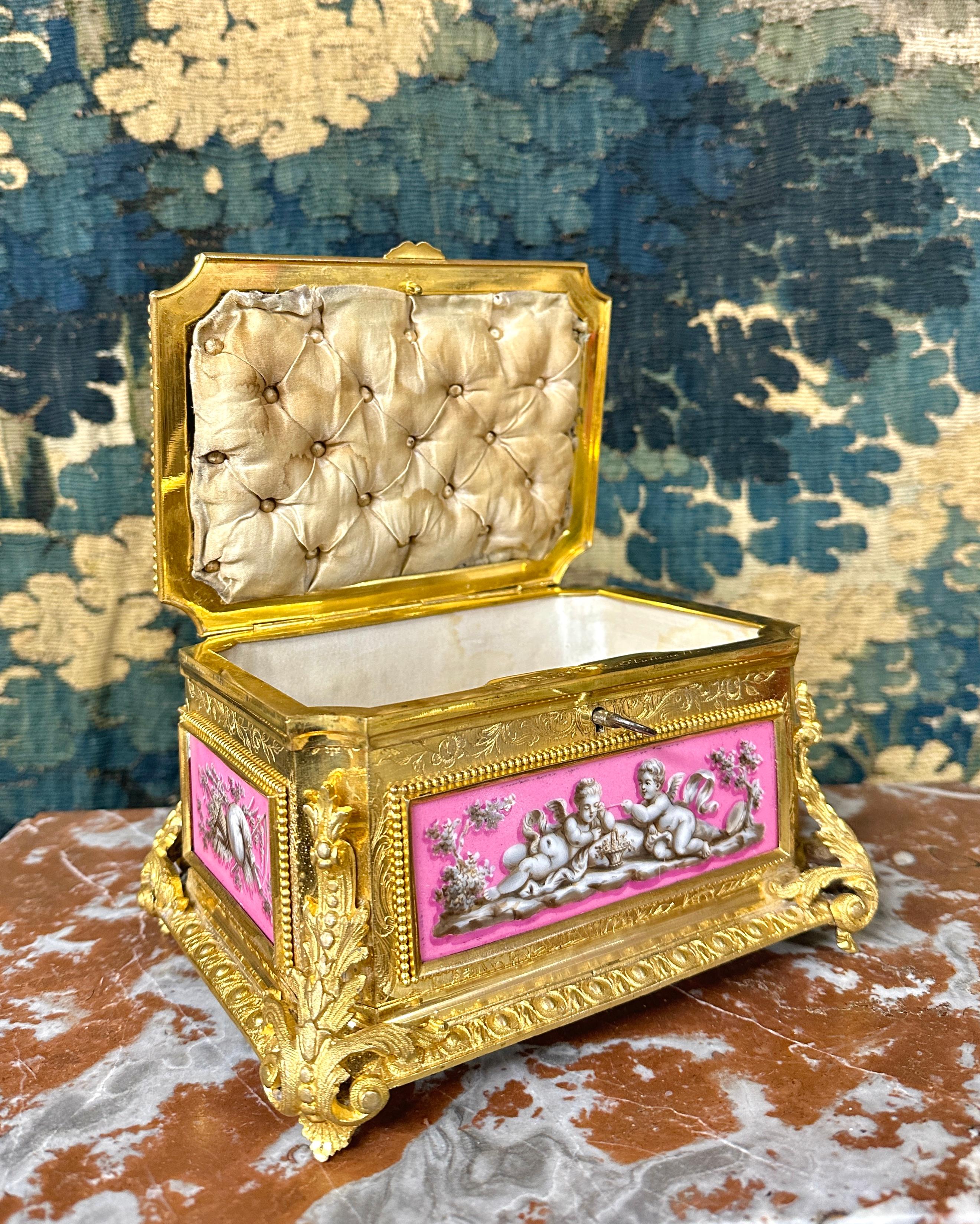 19th Century Tahan, Jewelry Box in Gilt Bronze and Porcelain, Napoleon III Period