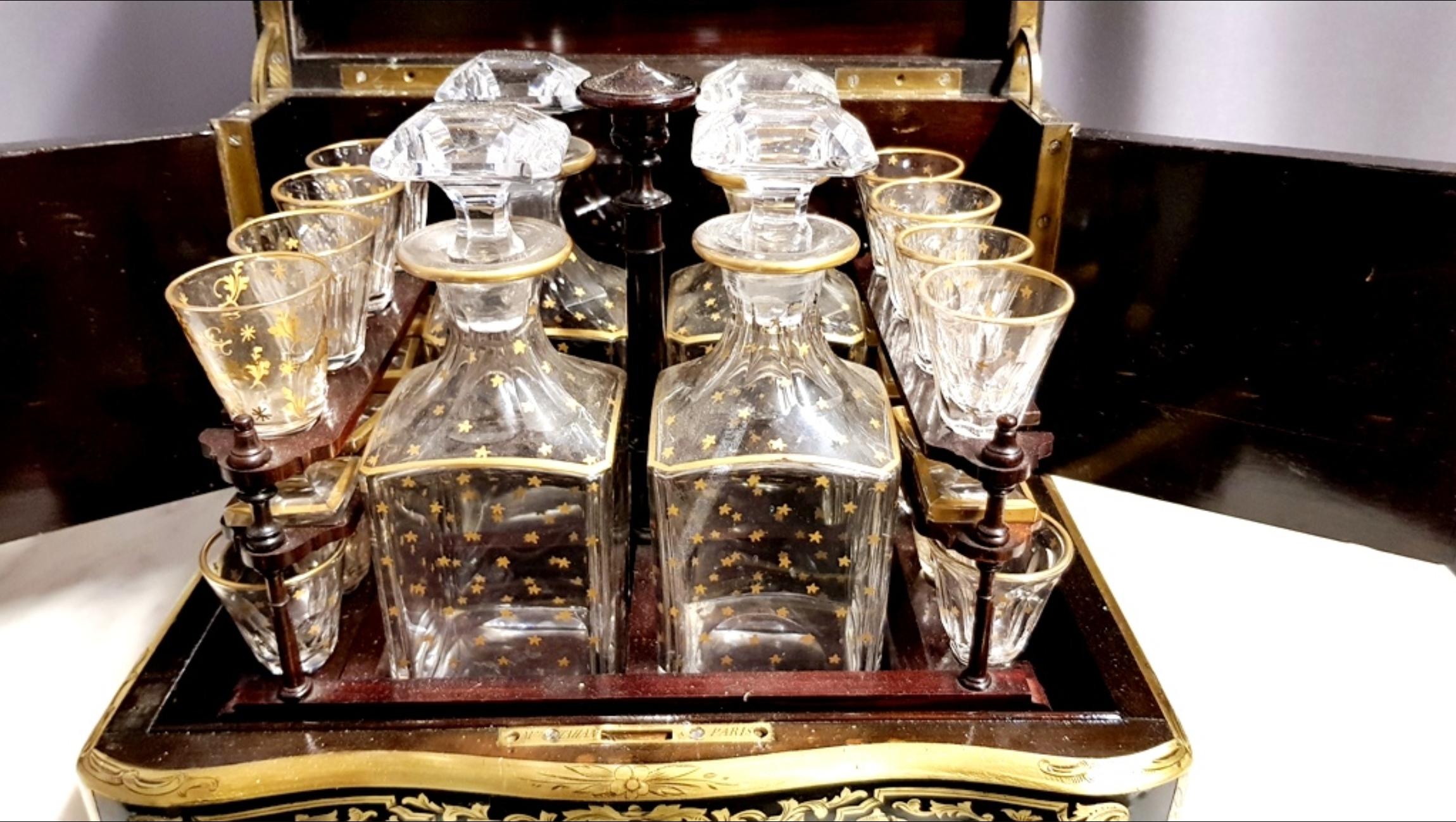 Gilt Tahan Napoleon III Liquor Cellar Cabinet and Baccarat Crystal Set, France, 1865