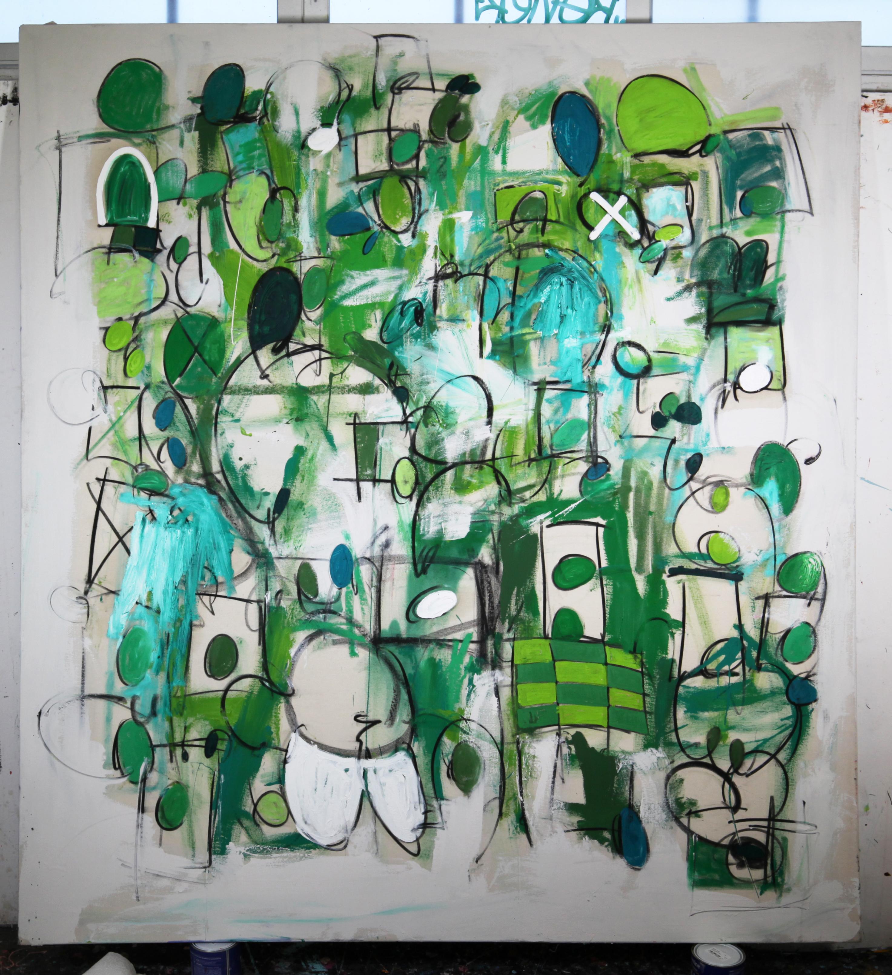 It's Truly a Lie / Large Colorful Abstract Painting / Green and White Colors - Mixed Media Art by Taher Jaoui