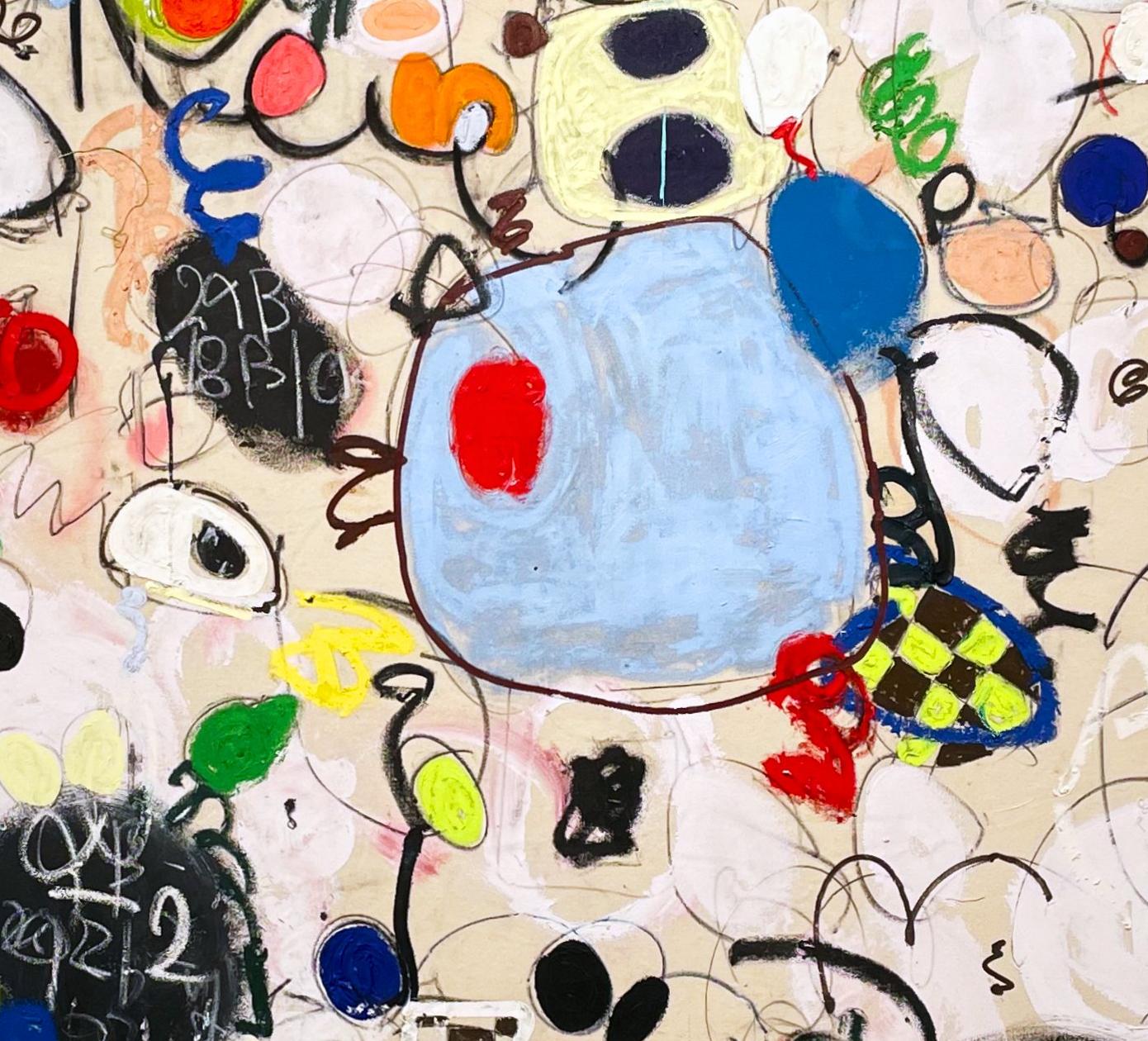 Playful Colorful Abstract Painting / Drawing/ Red Baby Blue Orange / Taher Jaoui For Sale 3