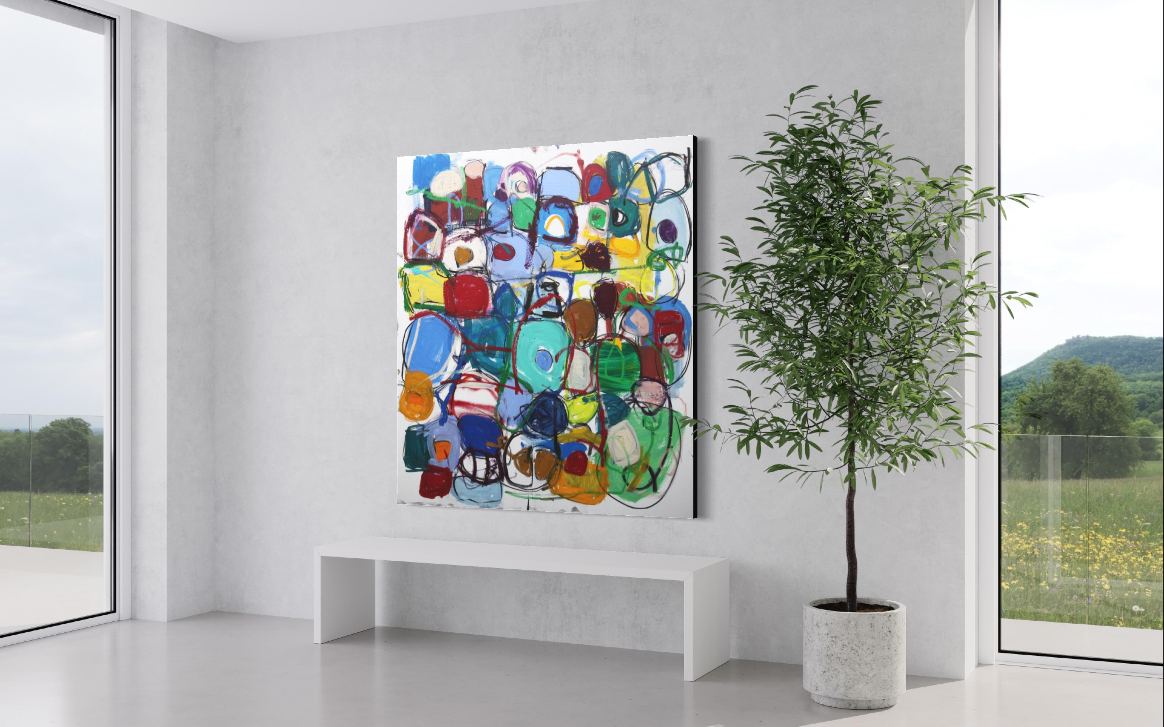 The Clock is Ticking / Large Colorful Abstract Painting / Blue, Green and Yellow For Sale 1