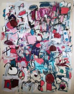 Used "You Go To My Head" Large Colorful Abstract Painting / Blue White and Pink 