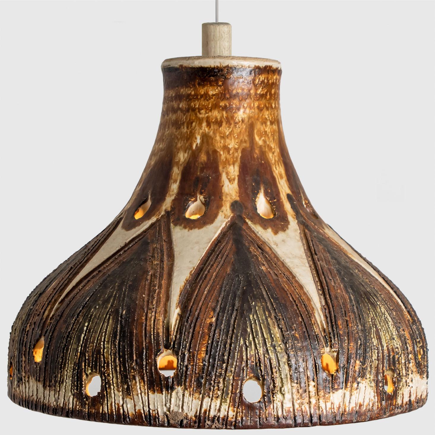 Danish Tahin Ivory Terra Brown Flames Ceramic Pendant Light, Denmark, 1970 For Sale