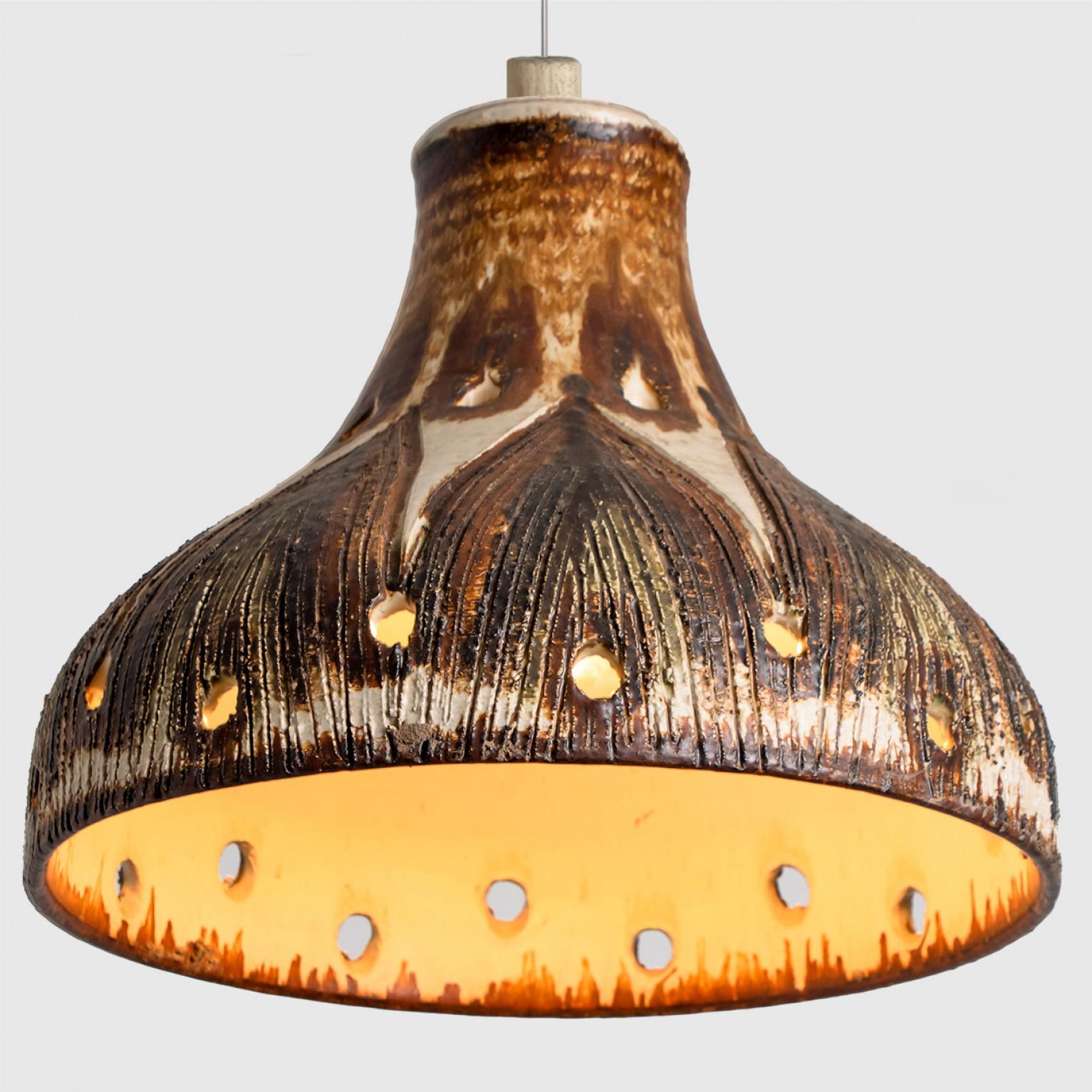 Danish Tahin Ivory Terra Brown Flames Ceramic Pendant Light, Denmark, 1970 For Sale