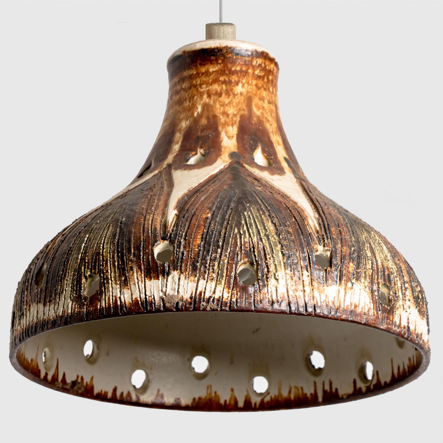 Other Tahin Ivory Terra Brown Flames Ceramic Pendant Light, Denmark, 1970 For Sale