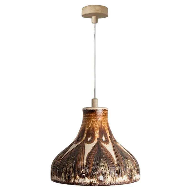 Tahin Ivory Terra Brown Flames Ceramic Pendant Light, Denmark, 1970