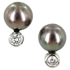 Tahitain Black Pearl Diamond 14 Karat White Gold Stud Earrings