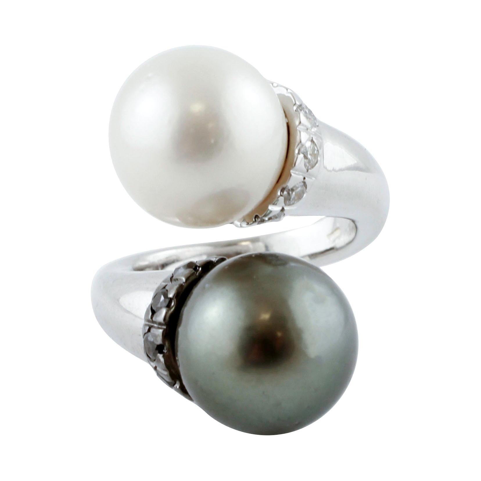 Tahiti and White Pearls, White and Black Diamonds, 18 Karat White Gold Ring For Sale
