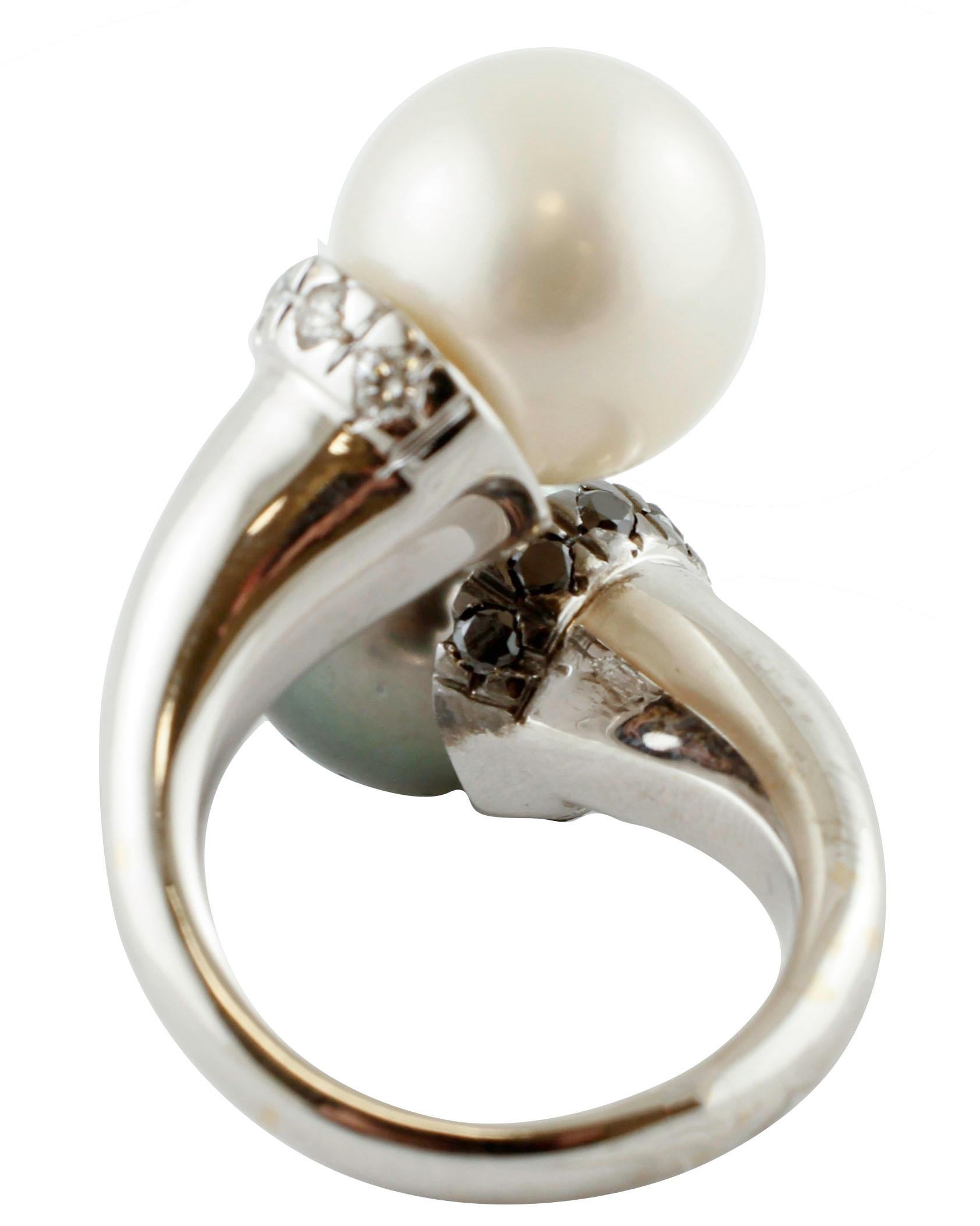 Retro Tahiti and White Pearls, White and Black Diamonds, 18 Karat White Gold Ring For Sale