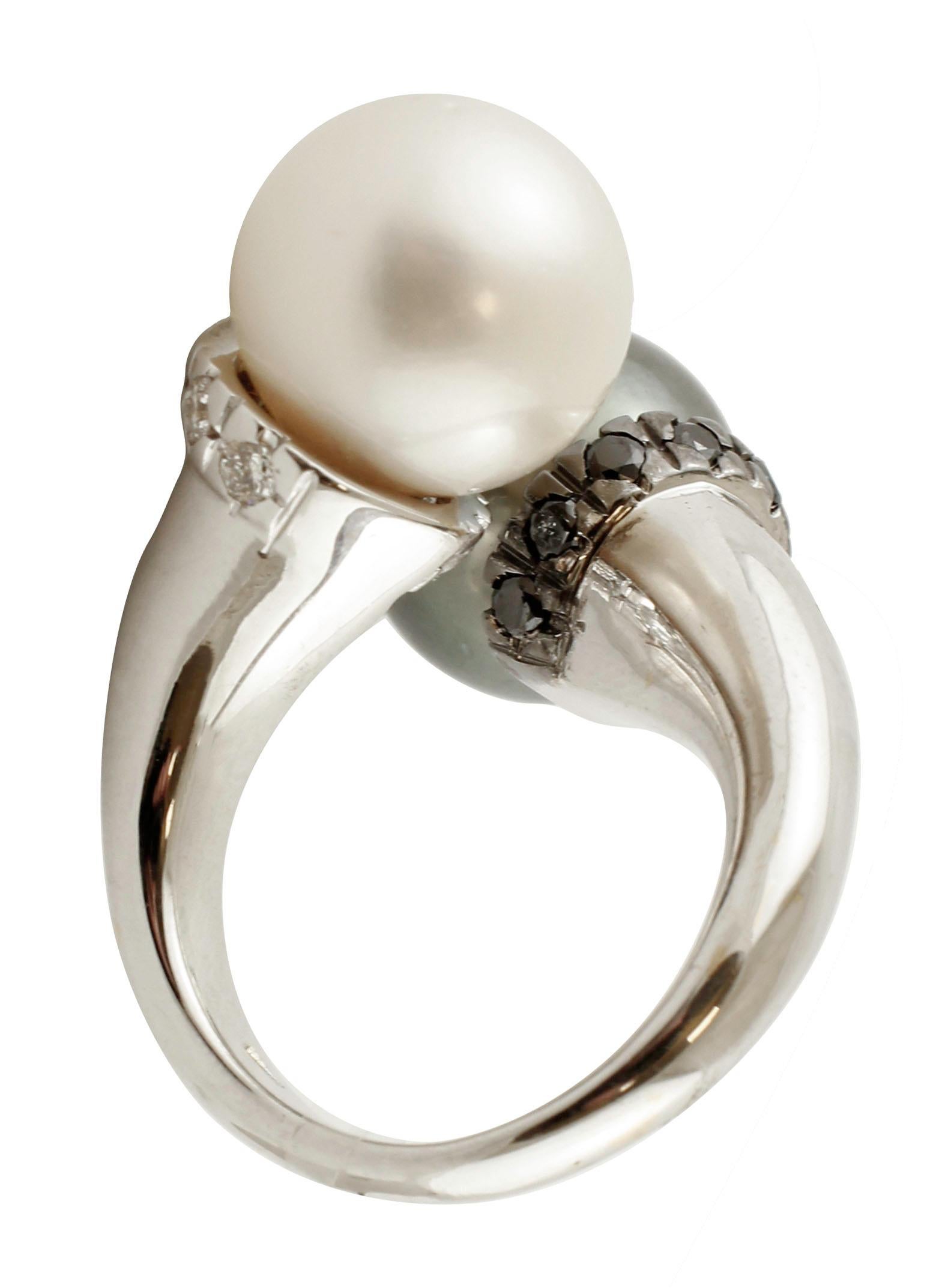 Round Cut Tahiti and White Pearls, White and Black Diamonds, 18 Karat White Gold Ring For Sale