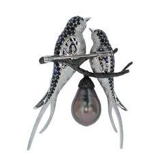 Tahiti Black Pearl Diamond Sapphire 18 Karat White Gold Loving Bird Brooch