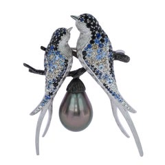 Tahiti Black Pearl Diamond Sapphire 18 Karat White Gold Loving Bird Brooch