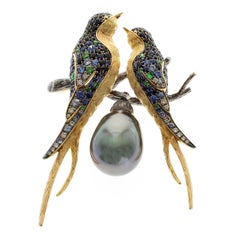 Tahiti Black Pearl Diamond Sapphire 18 Karat Yellow Gold Loving Bird Brooch