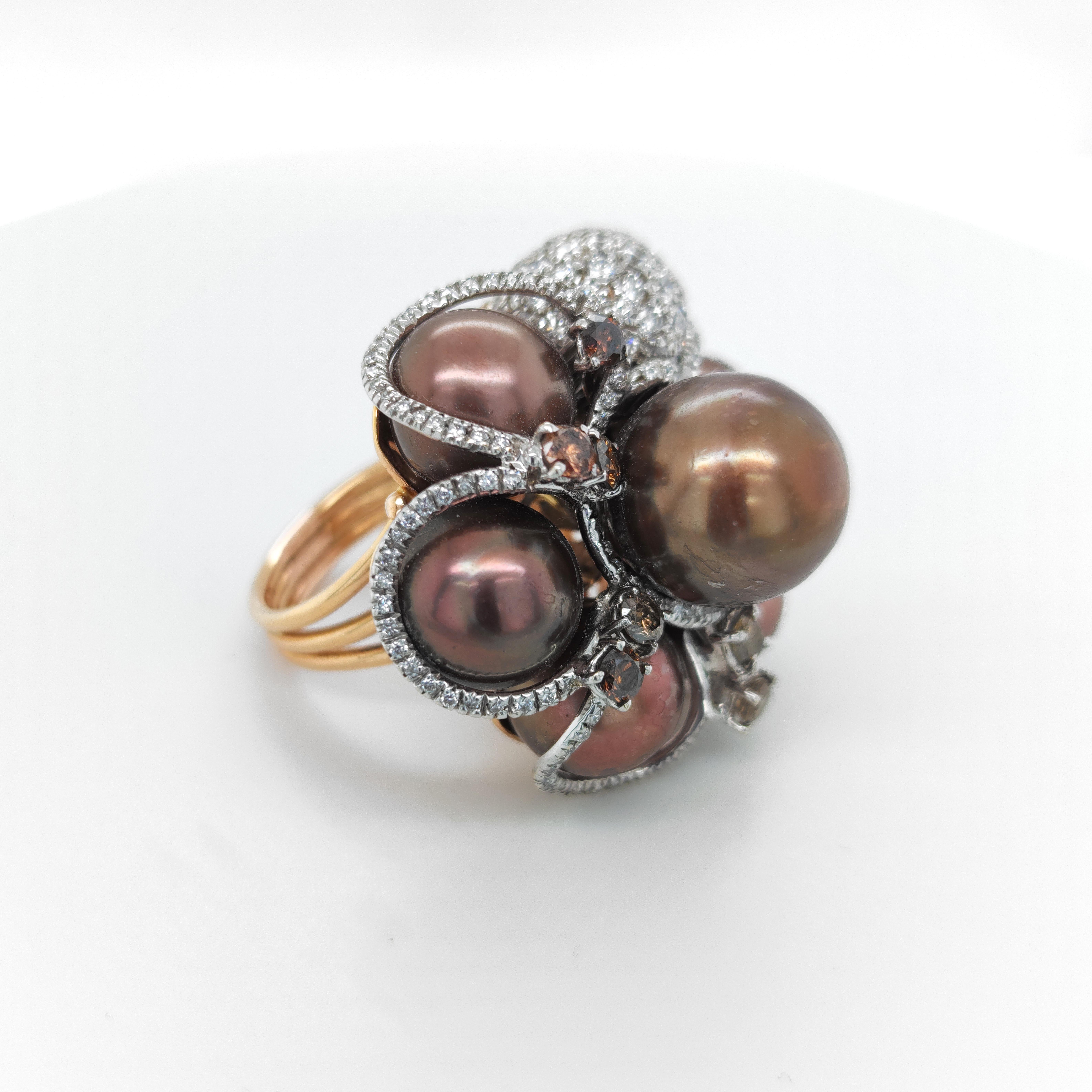 Modern Tahiti Chocolate Pearls & Diamonds Cocktail Ring 18Kt Gold - 3, 65cts diamonds For Sale