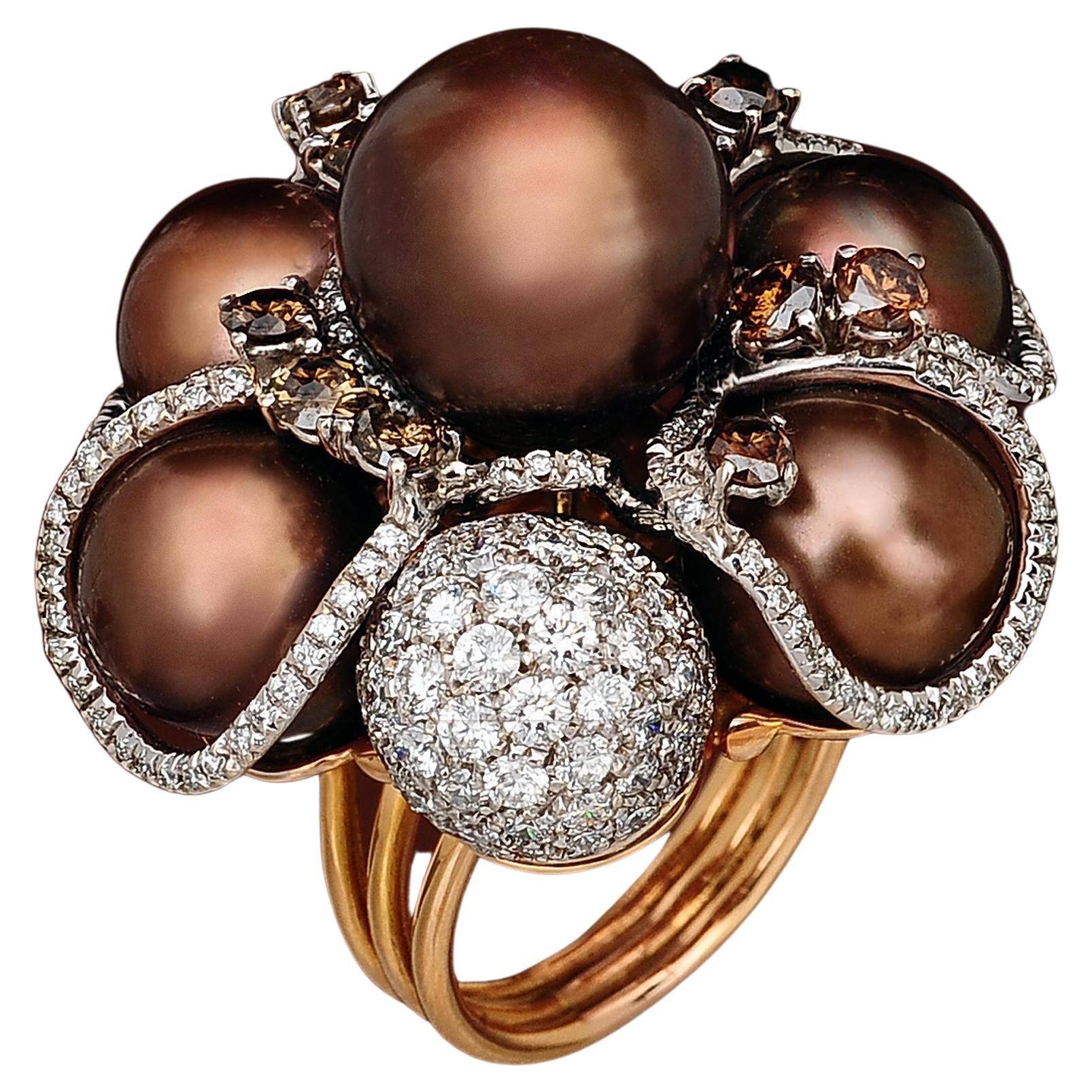 Tahiti Chocolate Pearls & Diamonds Cocktail Ring 18Kt Gold - 3, 65cts diamonds For Sale