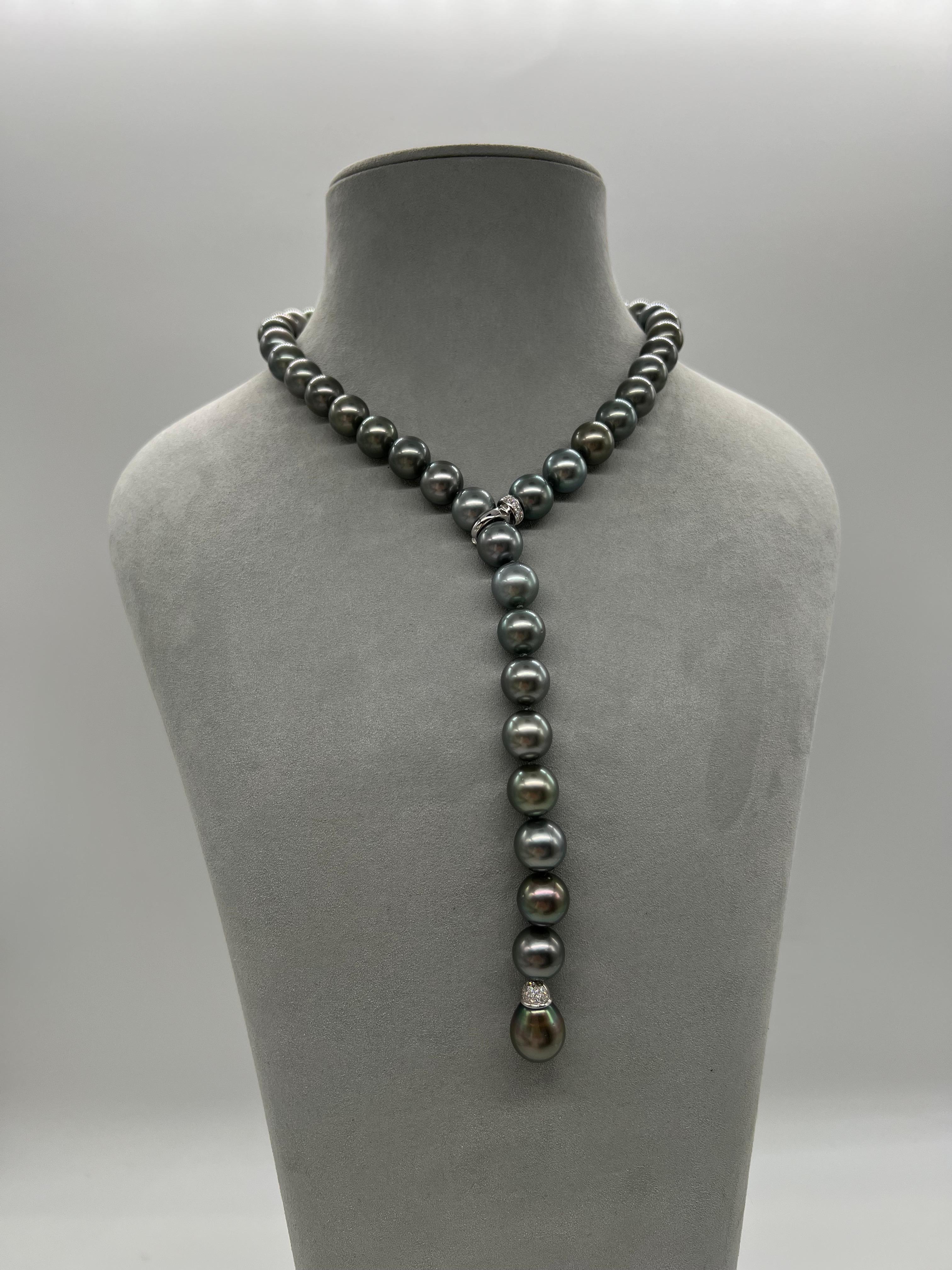 Mixed Cut Tahiti Cultured Pearls and Diamonds White Gold Adjustable Necklace For Sale