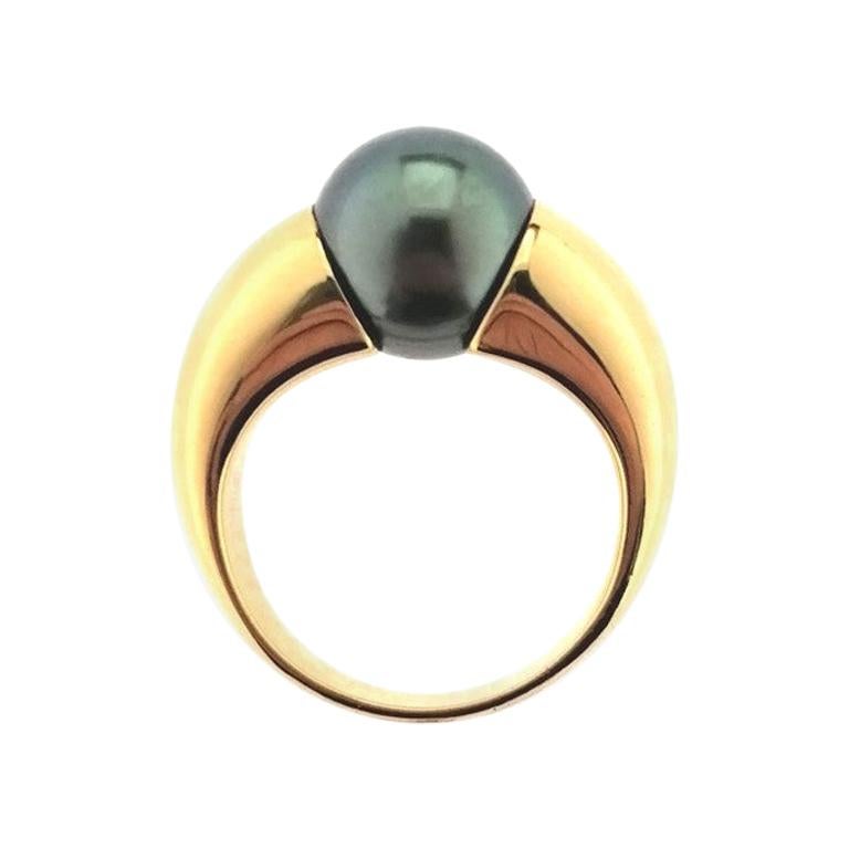 Tahiti Grey Cultured Pearl 18 Karat Yellow Gold Ring For Sale