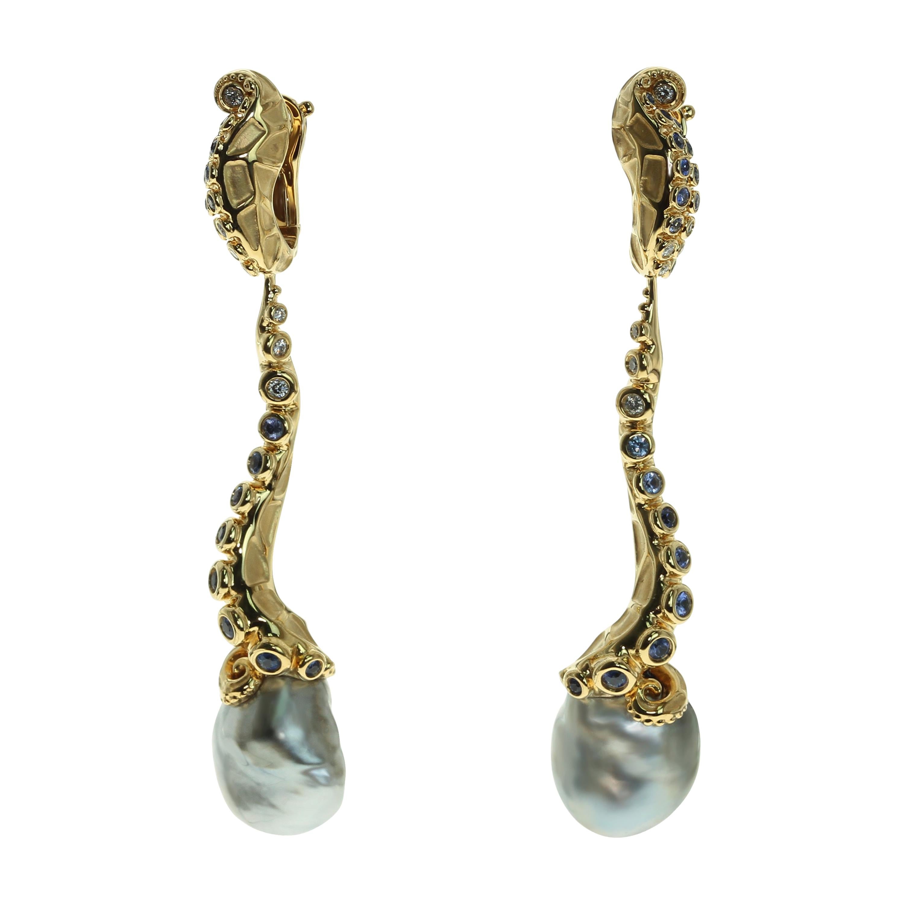 Tahiti Keshi Pearl 21.57 Carat 18 Karat Yellow Gold Octopus Earrings For Sale