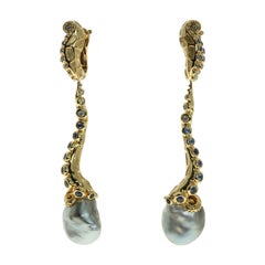 Tahiti Keshi Pearl 21.57 Carat 18 Karat Yellow Gold Octopus Earrings