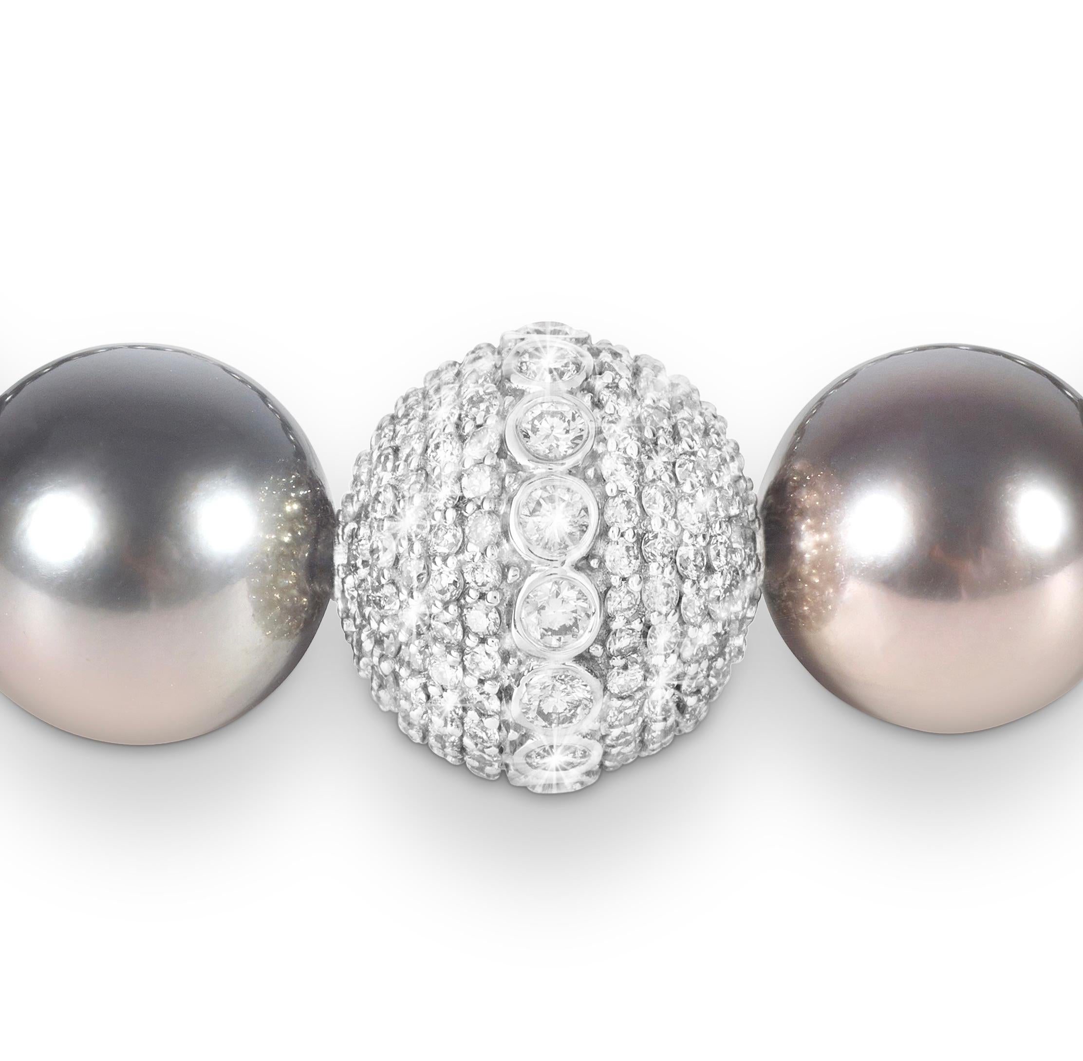 Brilliant Cut Tahiti Pearl Bracelet with 18k White Gold Diamond Encrusted Orbs For Sale