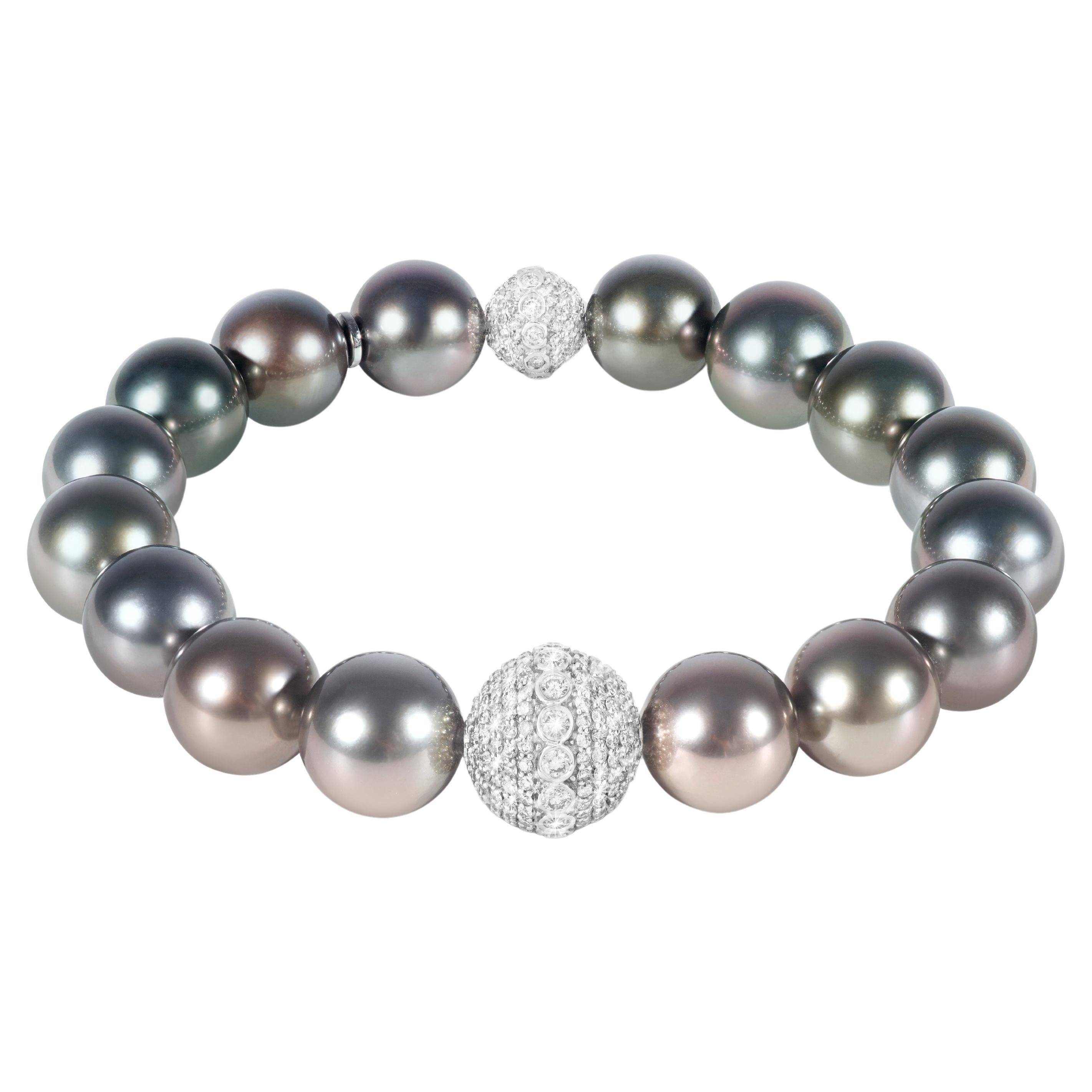 Tahiti Pearl Bracelet with 18k White Gold Diamond Encrusted Orbs For Sale