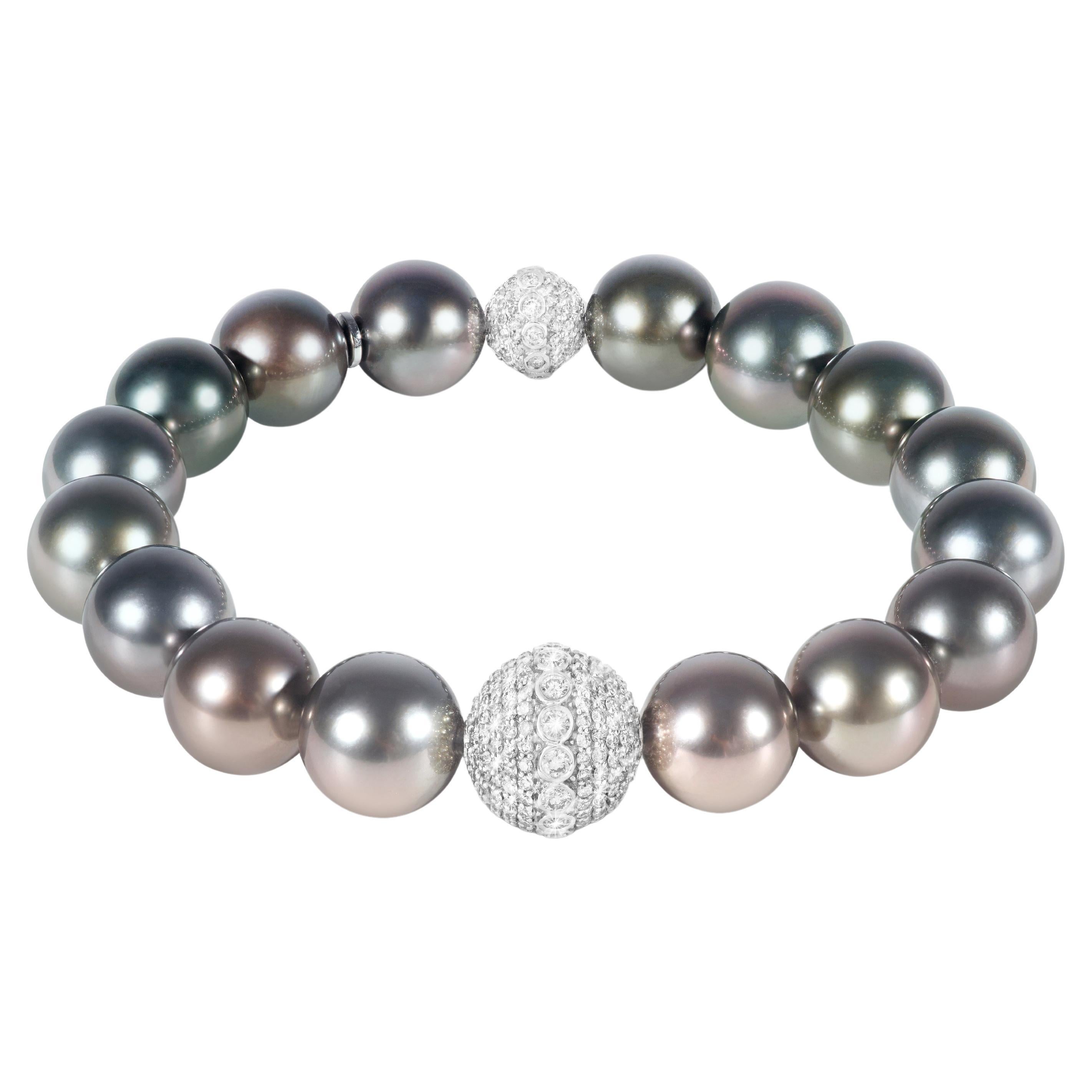 Bracelet de perles de Tahiti avec orbes incrustées de diamants en or blanc 18 carats