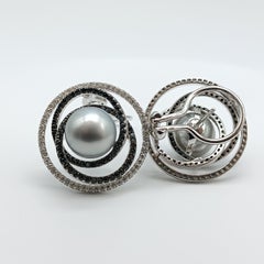 Tahiti Pearl Diamond Earrings in 18K White Gold with Black & White Diamonds