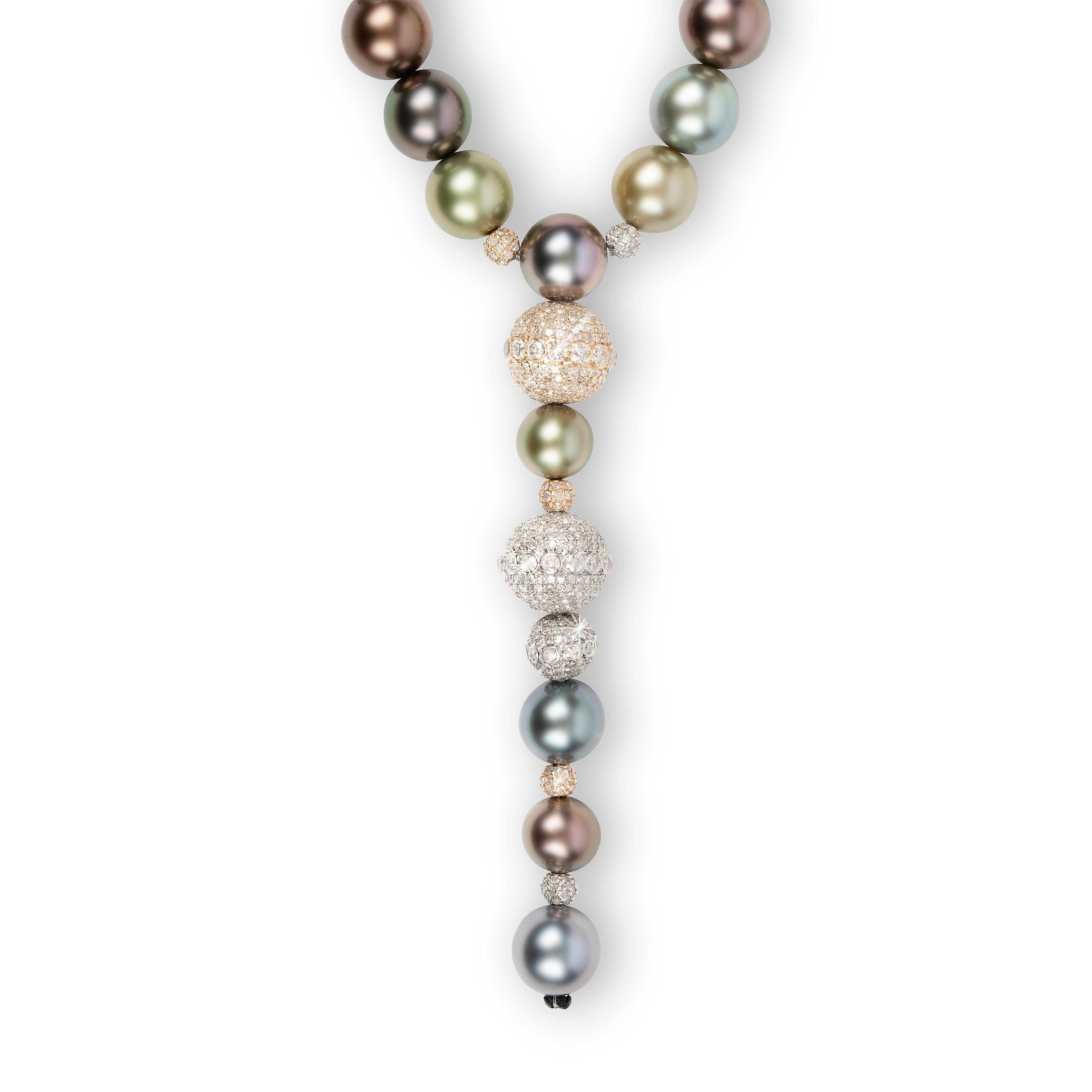 THEVAULT15´s masterpiece necklace. Made from the most lustrous, rare top-grade Tahiti pearls and 18k diamond beads, it is designed for a soft structure with a couture luxe feel. Its lariat shape perfectly complements plunging necklines. While every