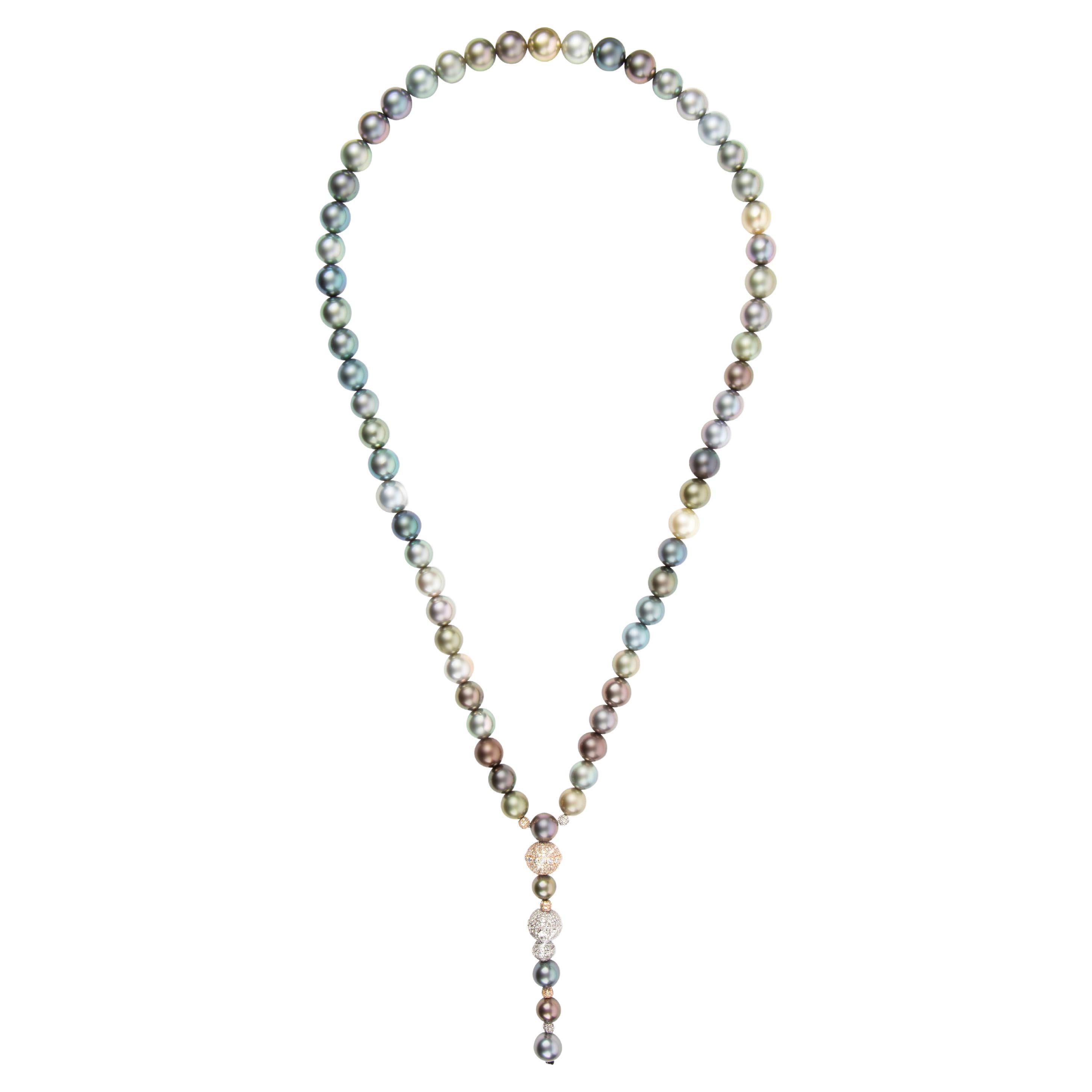 Tahiti Pearl Necklace with 18k White and Yellow Gold, Diamond-Encrusted Orbs